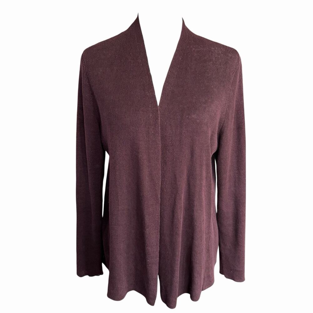Eileen Fisher 100% Organic Linen Open Cardigan Burgundy Women's Large Petite